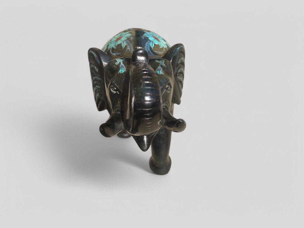 Feng Shui Lucky Elephant Statue Black Marble Inlay Turquoise Stone